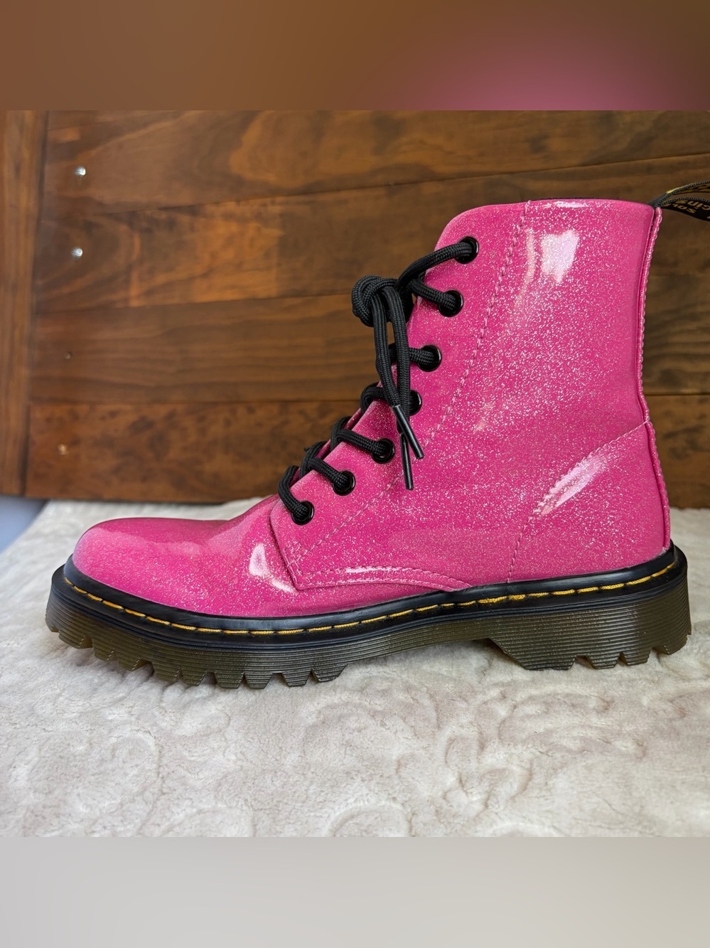 Dr Martens Luana Pink Glitter Patent Leather Combat Boots Women Sz 7 Rare Y2K - Picture 7 of 15